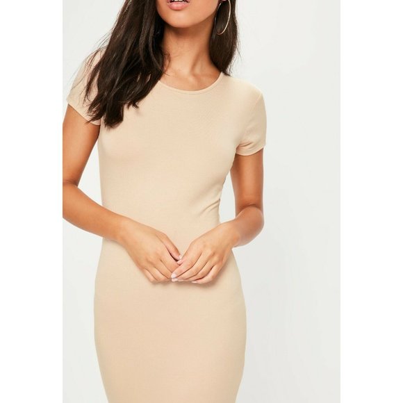 Missguided Nude Short Sleeve Midi Dress Sz 8 Soft Stretch Casual Fashion Fitted - Picture 3 of 9